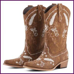 Mid-Calf Cowboy Boots with Floral Embroidery, Handcrafted PU, Mid-Heel